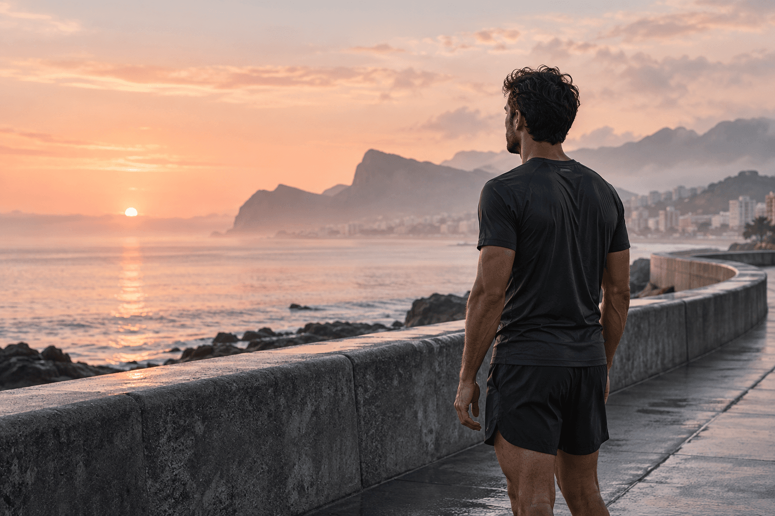 A runner pausing by the sea after an early morning run