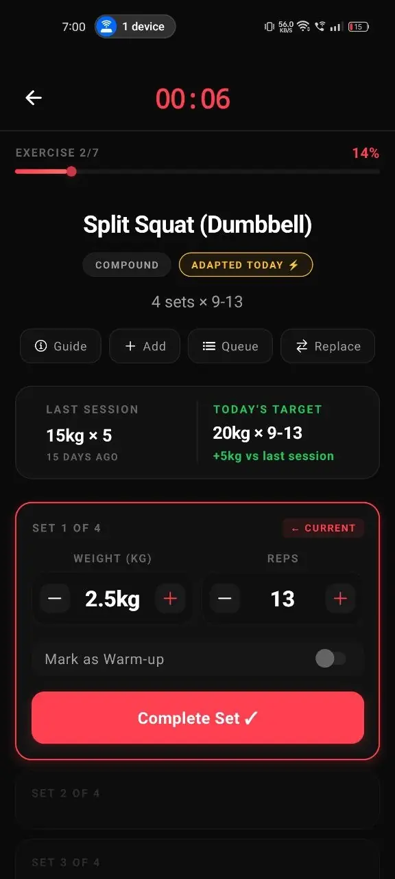 Live workout with last session vs today's target